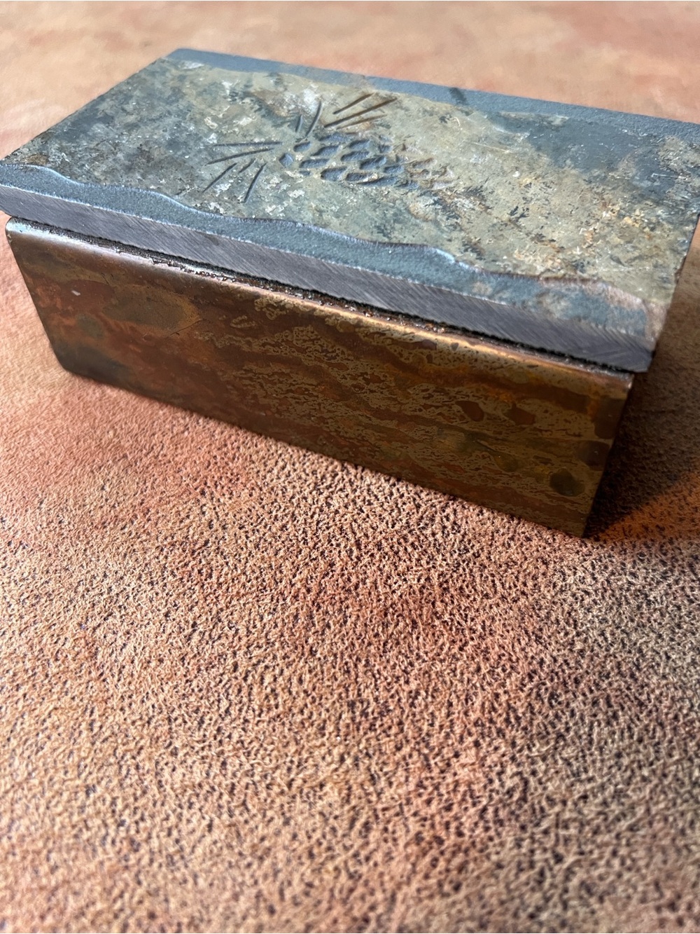 Handcrafted Antique Metal Accent Box with pinecone imprint